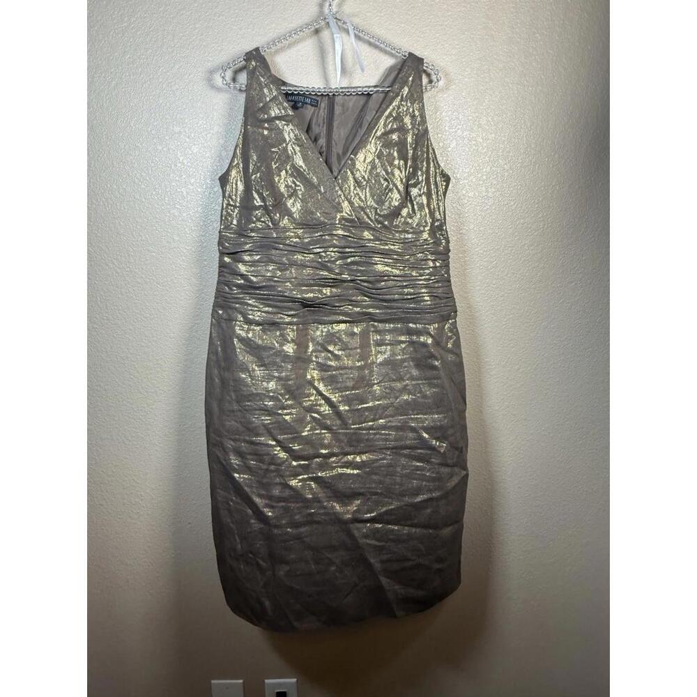 Lafayette 148 New York womens V Neck Sz 16 Gold Metallic Dress Ruching Waist